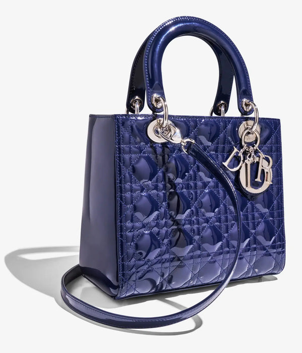Christian Dior Lady Bag Medium Blue Patent Leather Silver Hardware