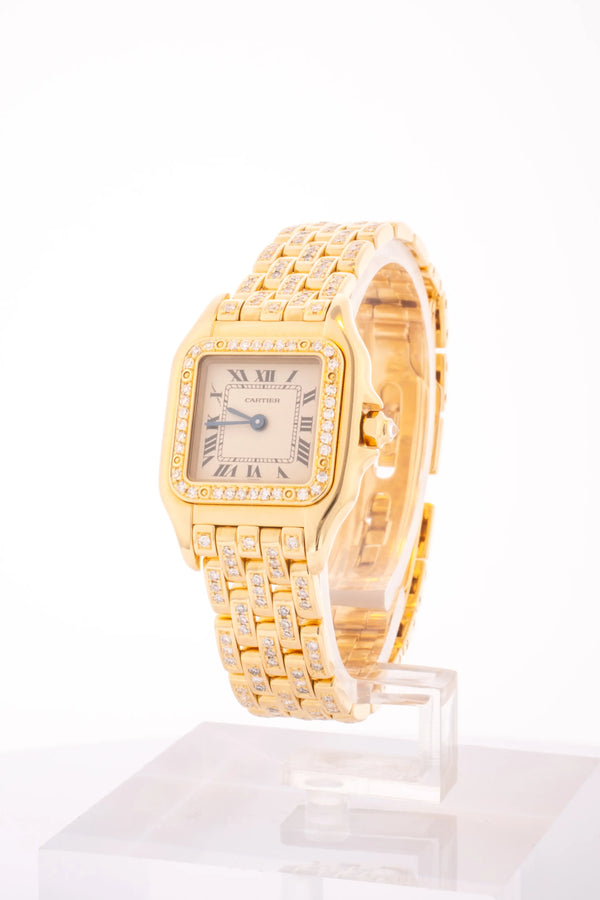 Cartier Panthere Watch 22mm Factory Diamond Pave 18k Yellow Gold