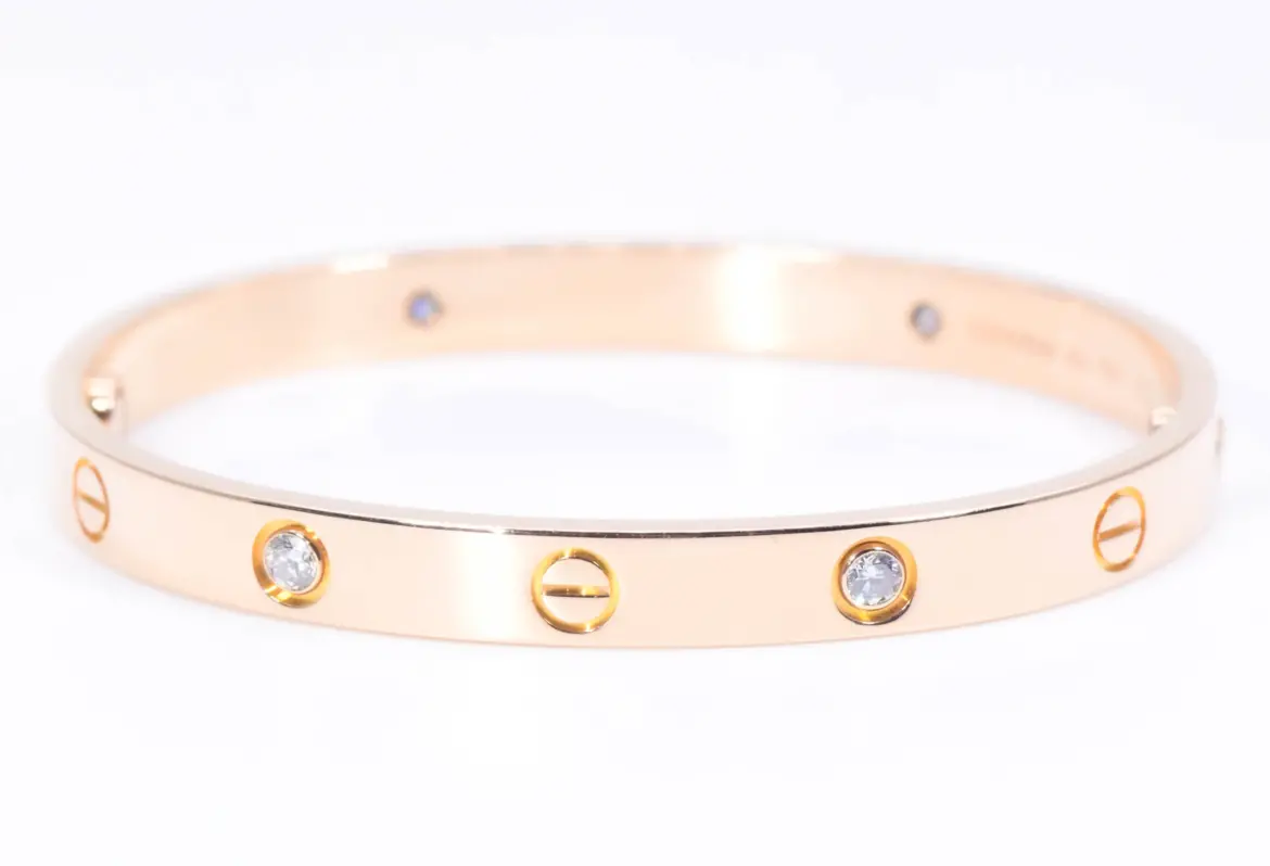 Cartier LOVE 18k Rose Gold and Four Diamonds Bracelet Size 17