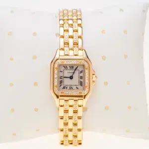 Cartier Panthere Watch 22mm Factory Diamond Pave 18k Yellow Gold