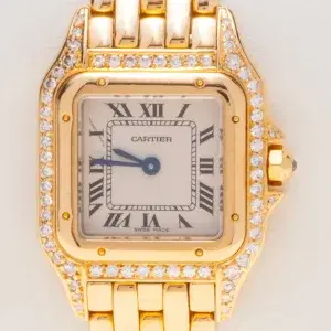 Cartier Panthere Watch 22mm Factory Diamond Pave 18k Yellow Gold