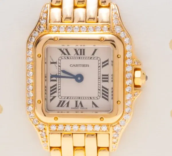 Cartier Panthere Watch 22mm Factory Diamond Pave 18k Yellow Gold