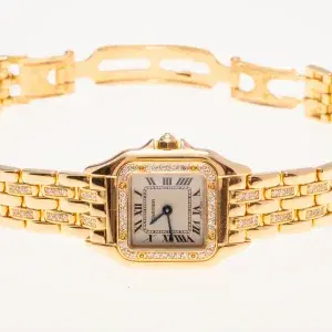 Cartier Panthere Watch 22mm Factory Diamond Pave 18k Yellow Gold