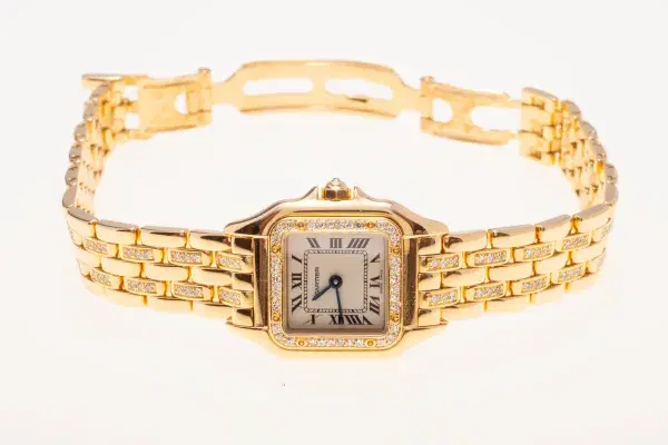 Cartier Panthere Watch 22mm Factory Diamond Pave 18k Yellow Gold