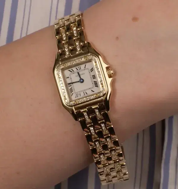 Cartier Panthere Watch 22mm Factory Diamond Pave 18k Yellow Gold