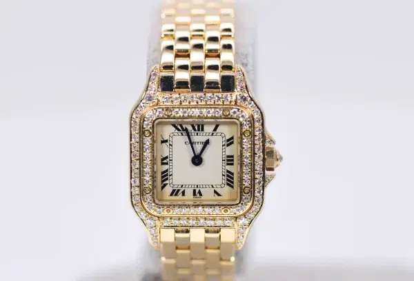 Cartier Panthere Watch 22mm Factory Diamond Pave 18k Yellow Gold