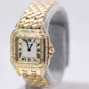 Cartier Panthere Watch 22mm Factory Diamond Pave 18k Yellow Gold