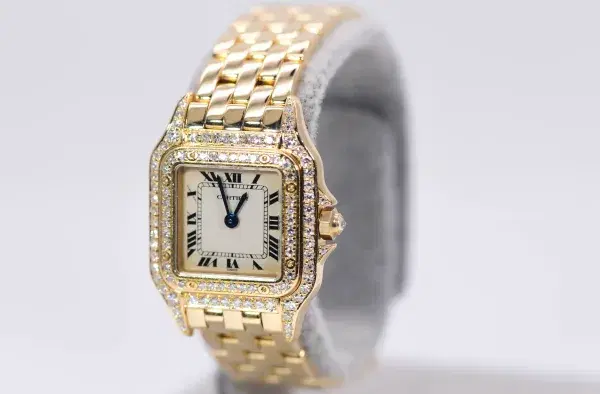 Cartier Panthere Watch 22mm Factory Diamond Pave 18k Yellow Gold