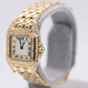 Cartier Panthere Watch 22mm Factory Diamond Pave 18k Yellow Gold