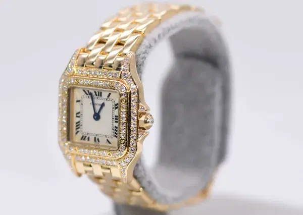 Cartier Panthere Watch 22mm Factory Diamond Pave 18k Yellow Gold