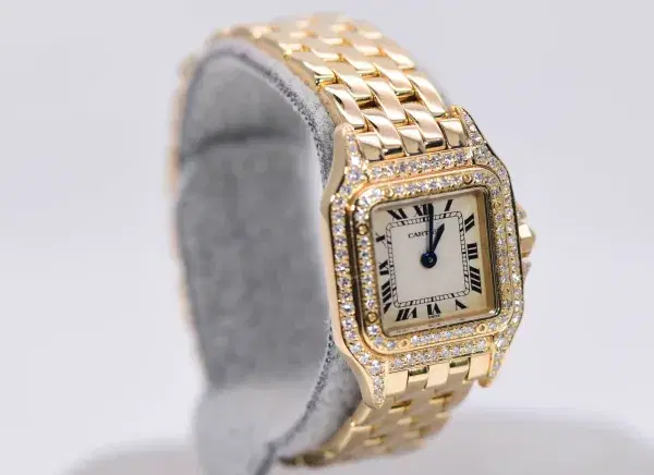 Cartier Panthere Watch 22mm Factory Diamond Pave 18k Yellow Gold