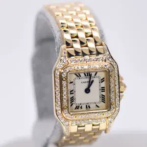 Cartier Panthere Watch 22mm Factory Diamond Pave 18k Yellow Gold