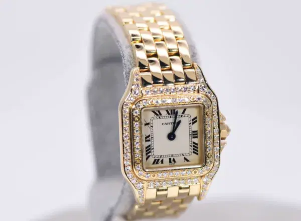 Cartier Panthere Watch 22mm Factory Diamond Pave 18k Yellow Gold