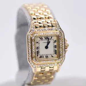 Cartier Panthere Watch 22mm Factory Diamond Pave 18k Yellow Gold