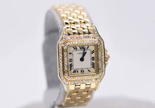 Cartier Panthere Watch 22mm Factory Diamond Pave 18k Yellow Gold