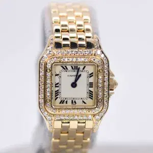 Cartier Panthere Watch 22mm Factory Diamond Pave 18k Yellow Gold