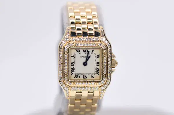 Cartier Panthere Watch 22mm Factory Diamond Pave 18k Yellow Gold