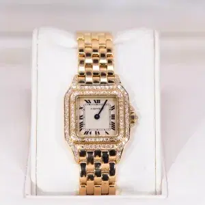 Cartier Panthere Watch 22mm Factory Diamond Pave 18k Yellow Gold