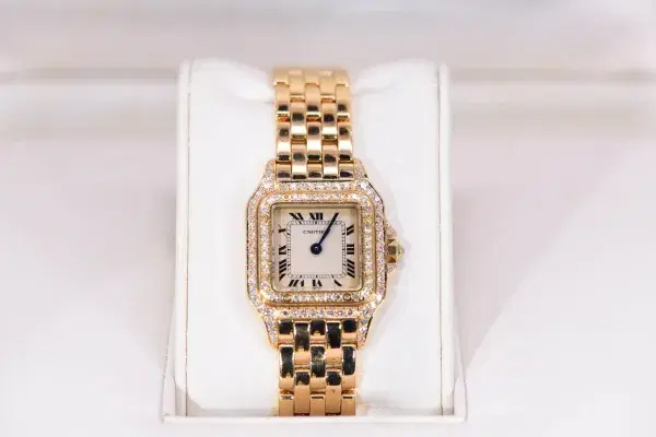 Cartier Panthere Watch 22mm Factory Diamond Pave 18k Yellow Gold