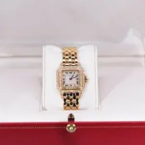 Cartier Panthere Watch 22mm Factory Diamond Pave 18k Yellow Gold