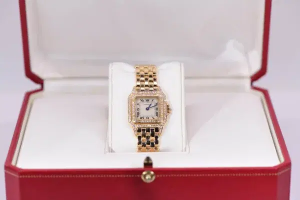 Cartier Panthere Watch 22mm Factory Diamond Pave 18k Yellow Gold