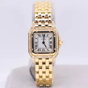 Cartier Panthere Watch 22mm Factory Diamond Pave 18k Yellow Gold