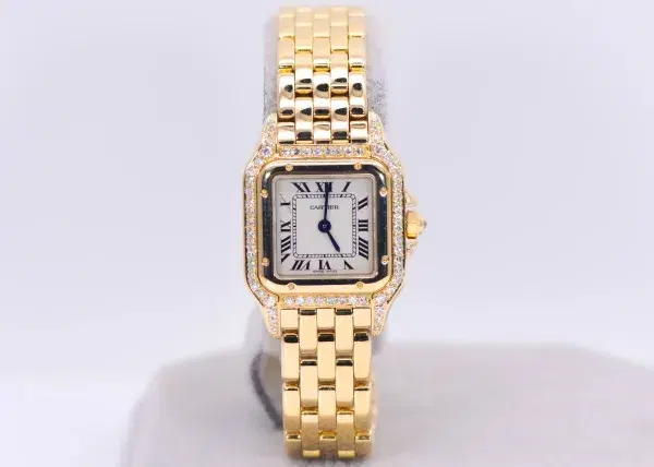 Cartier Panthere Watch 22mm Factory Diamond Pave 18k Yellow Gold