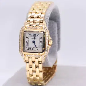 Cartier Panthere Watch 22mm Factory Diamond Pave 18k Yellow Gold