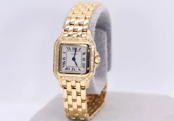 Cartier Panthere Watch 22mm Factory Diamond Pave 18k Yellow Gold