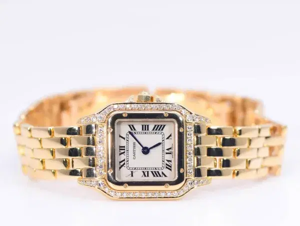 Cartier Panthere Watch 22mm Factory Diamond Pave 18k Yellow Gold