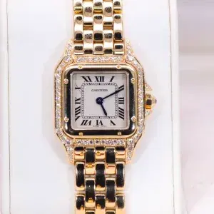 Cartier Panthere Watch 22mm Factory Diamond Pave 18k Yellow Gold