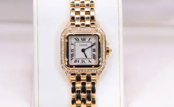 Cartier Panthere Watch 22mm Factory Diamond Pave 18k Yellow Gold