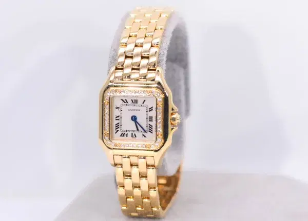 Cartier Panthere Watch 22mm Factory Diamond Pave 18k Yellow Gold