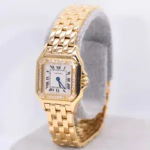 Cartier Panthere Watch 22mm Factory Diamond Pave 18k Yellow Gold