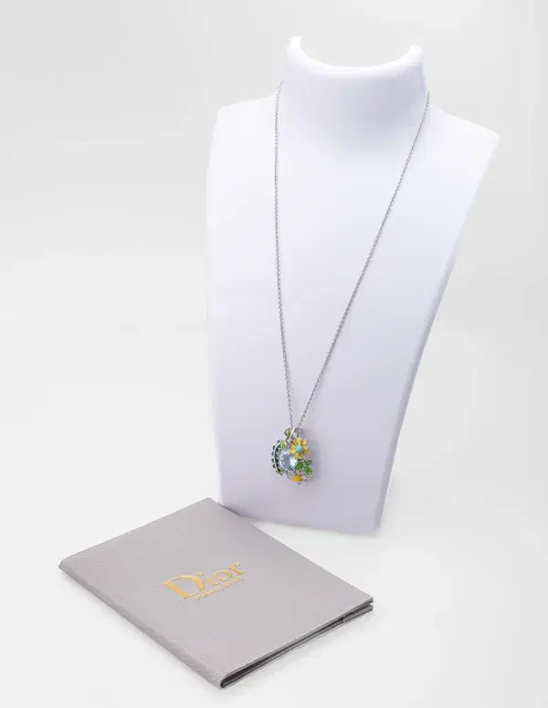 DIOR “Diorette”“Les jardin de Milly” Pendant Necklace 18k Gold Enamel Aquamarine