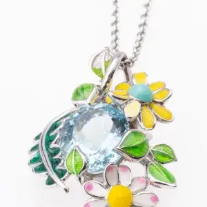 DIOR “Diorette”“Les jardin de Milly” Pendant Necklace 18k Gold Enamel Aquamarine