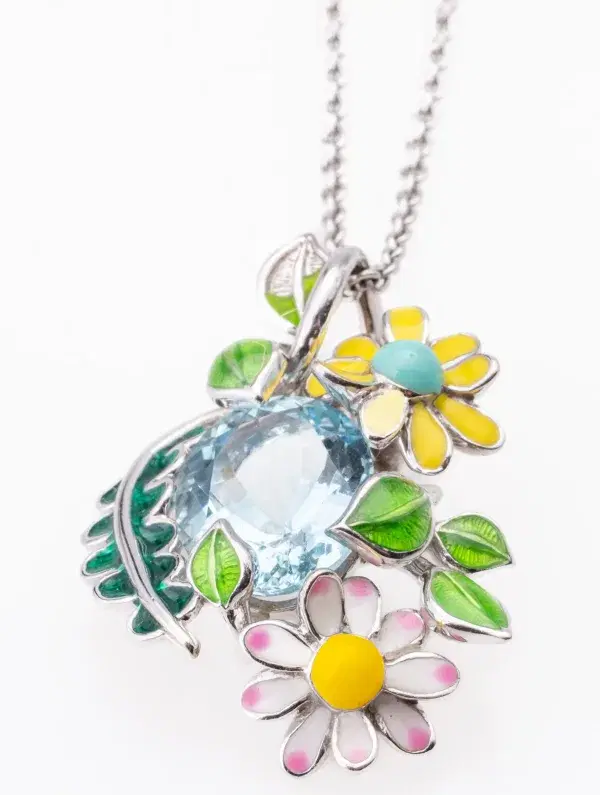 DIOR “Diorette”“Les jardin de Milly” Pendant Necklace 18k Gold Enamel Aquamarine